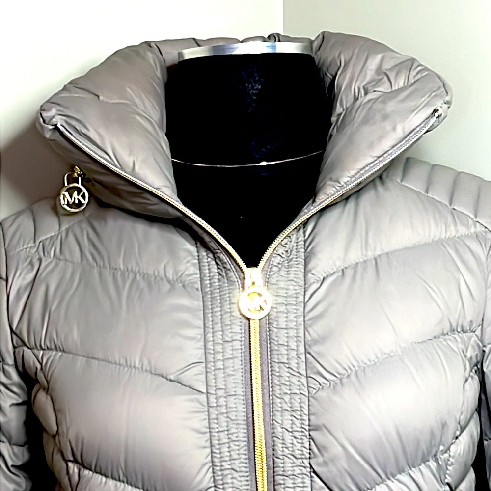 Michael Kors Beige Puffer, Hood, Gold Metallic Hardware  Signature MK Logo